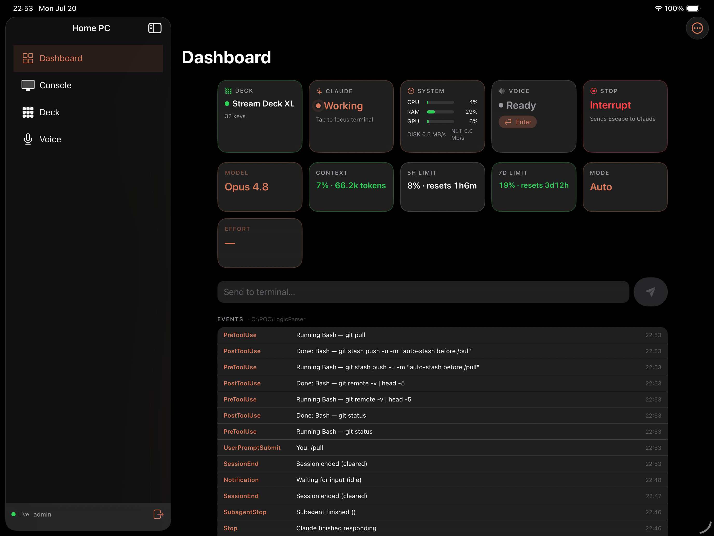 Dashboard screen on iPad