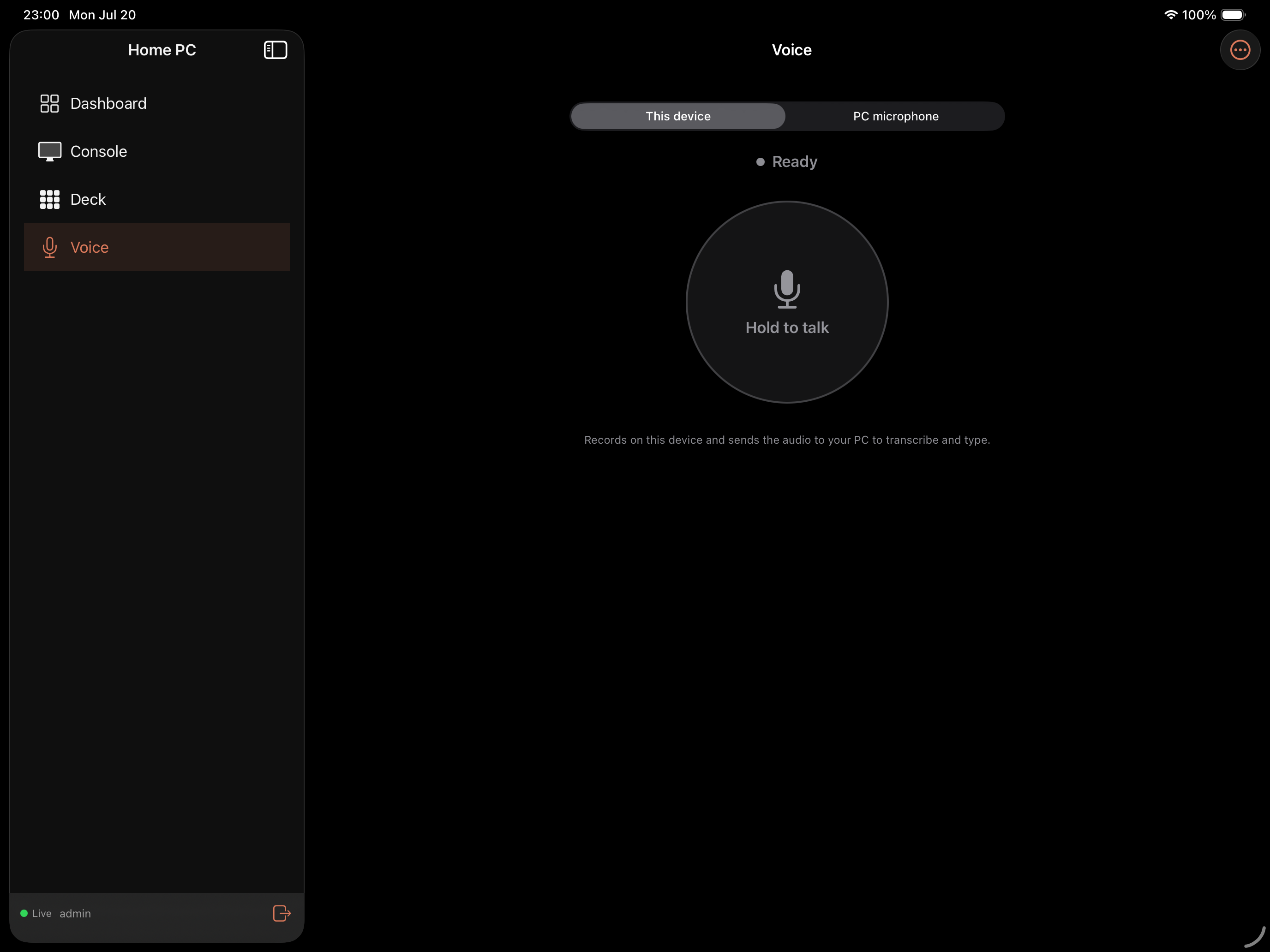 Voice input screen on iPad