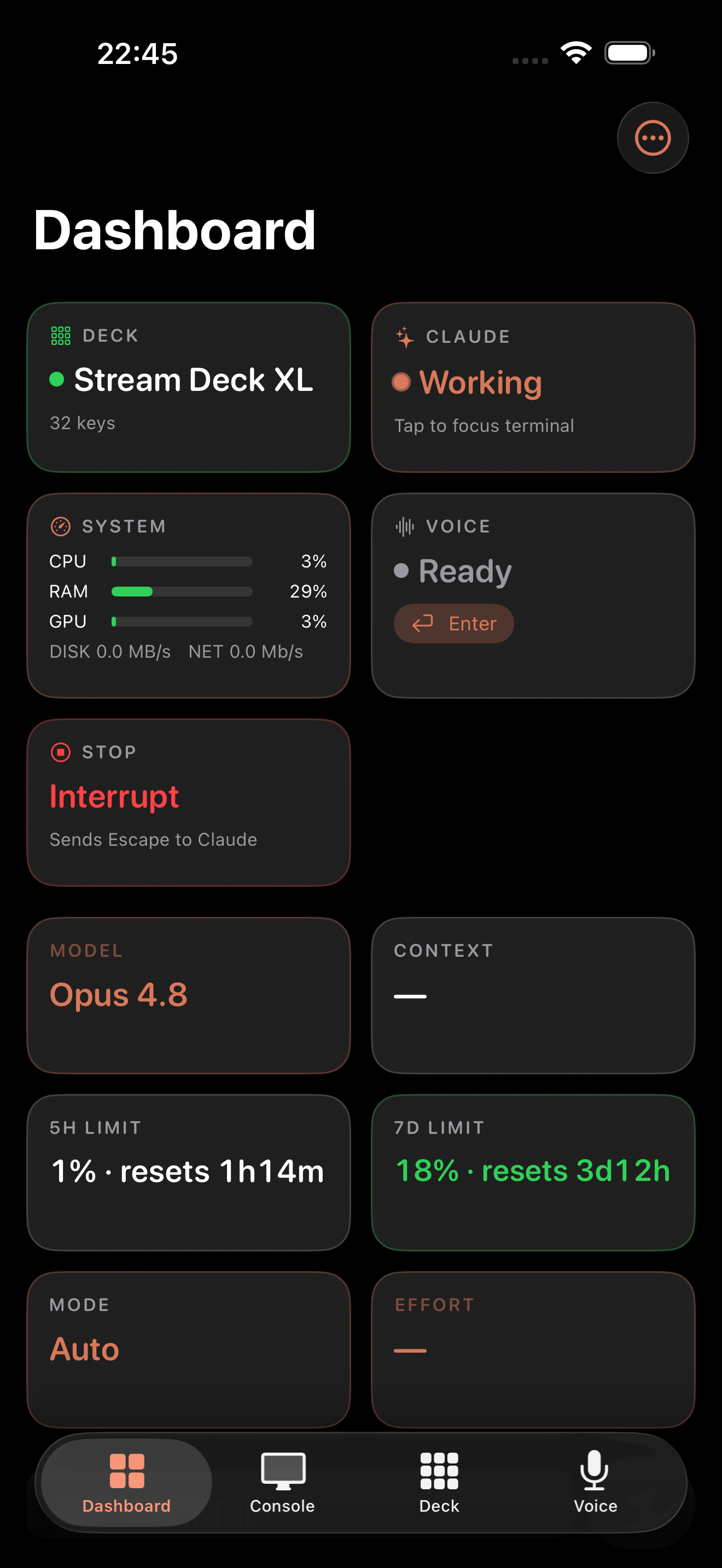 Code Deck dashboard on iPhone showing Claude status, context usage, and live system stats